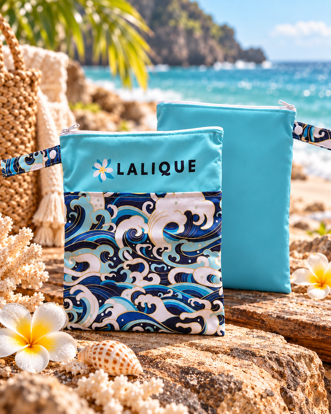 Front and back of Lalique Ocean Wave swimwear pouch in a tropical setting